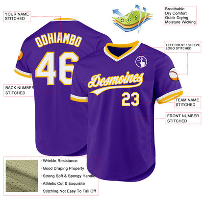Custom Purple White-Gold Authentic Throwback Baseball Jersey - Sky-Custom