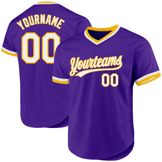 Custom Purple White-Gold Authentic Throwback Baseball Jersey - Sky-Custom