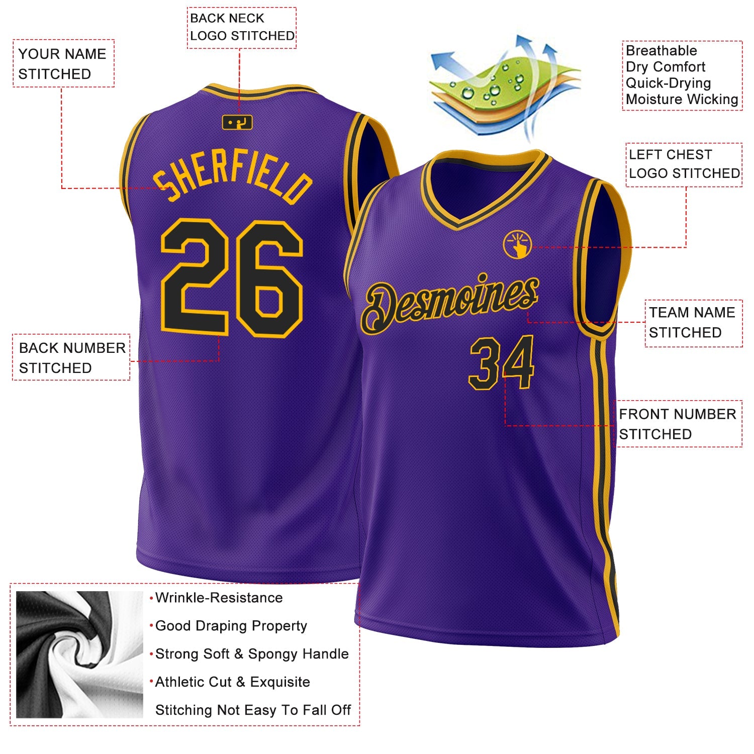 Custom Purple Black-Gold Authentic Throwback Basketball Jersey - Sky-Custom