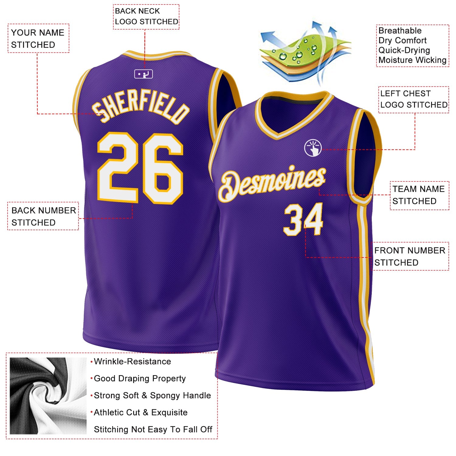 Custom Purple White-Gold Authentic Throwback Basketball Jersey - Sky-Custom