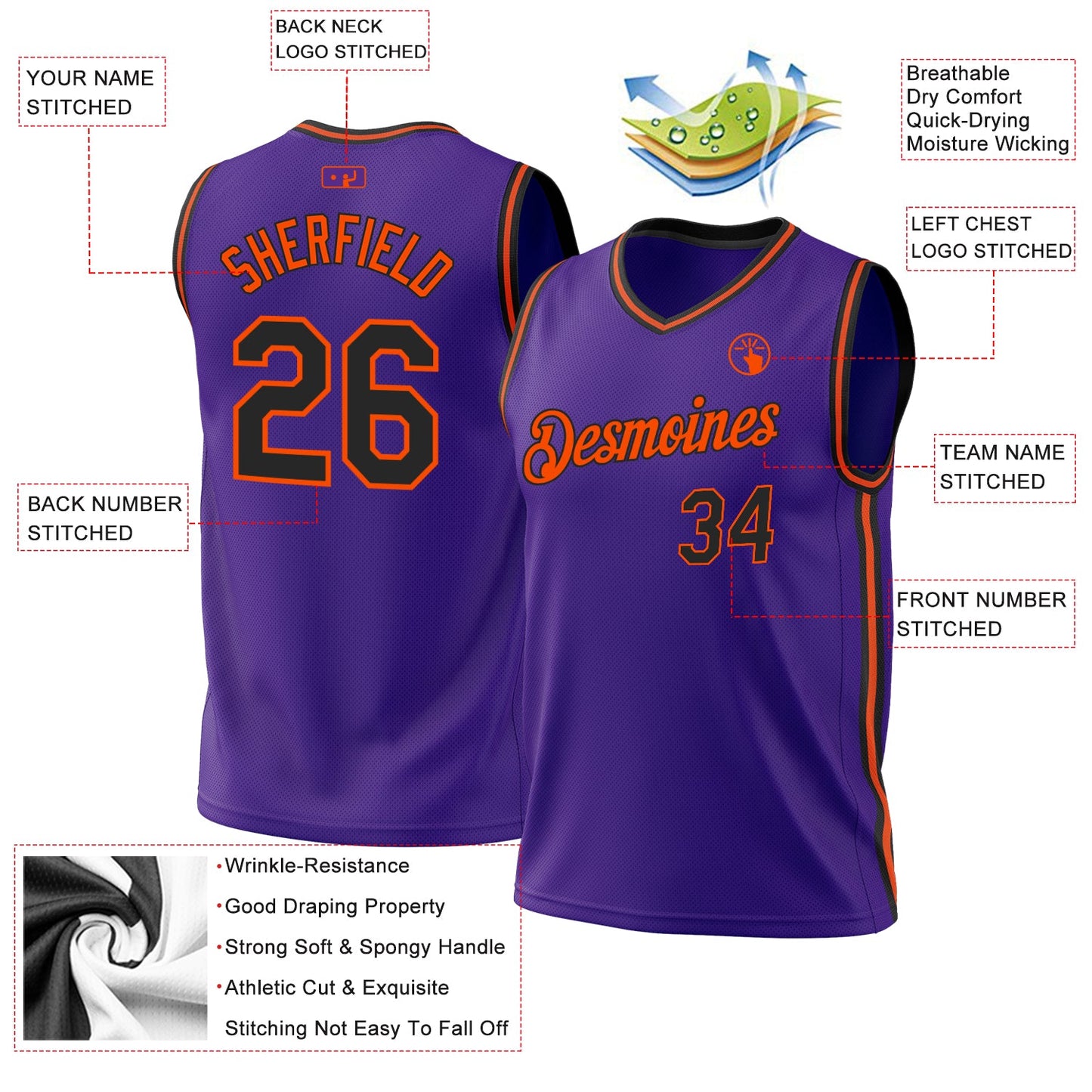 Custom Purple Black-Orange Authentic Throwback Basketball Jersey - Sky-Custom