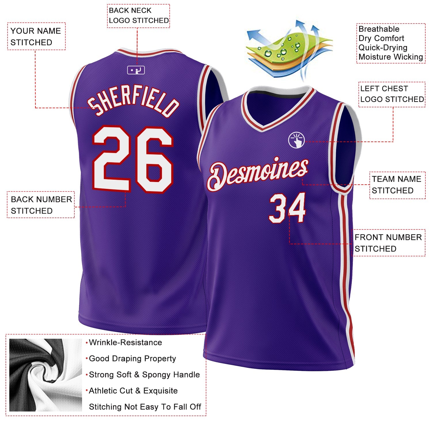 Custom Purple White-Red Authentic Throwback Basketball Jersey - Sky-Custom