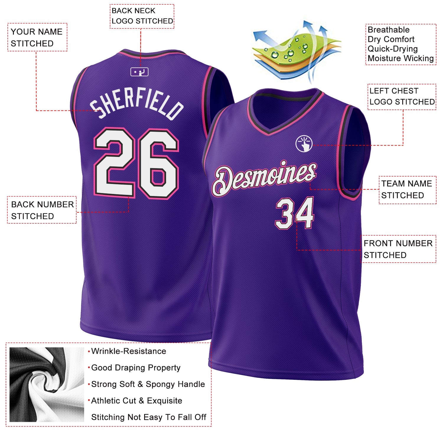Custom Purple Black-Pink Authentic Throwback Basketball Jersey - Sky-Custom