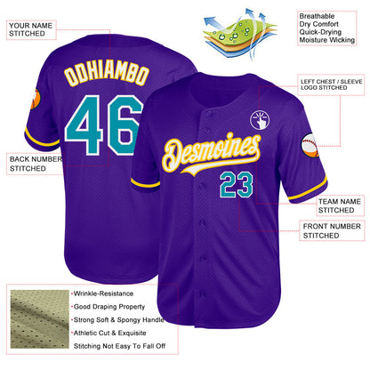 Custom Purple Teal-Yellow Mesh Authentic Throwback Baseball Jersey - Sky-Custom