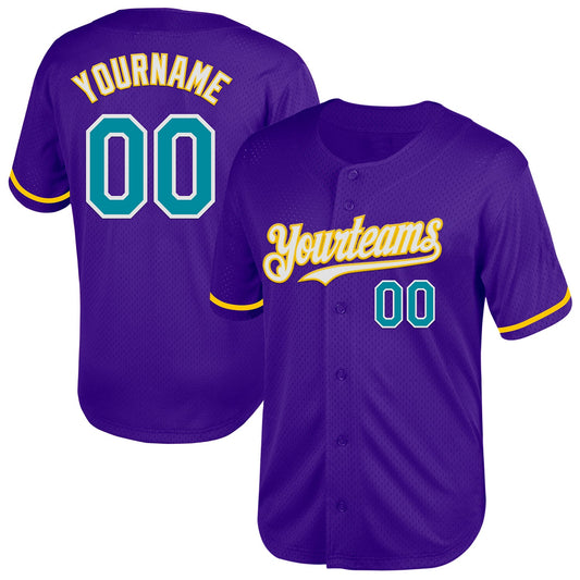 Custom Purple Teal-Yellow Mesh Authentic Throwback Baseball Jersey - Sky-Custom