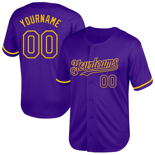 Custom Purple Yellow Mesh Authentic Throwback Baseball Jersey - Sky-Custom