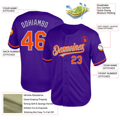 Custom Purple Orange-Gray Mesh Authentic Throwback Baseball Jersey - Sky-Custom