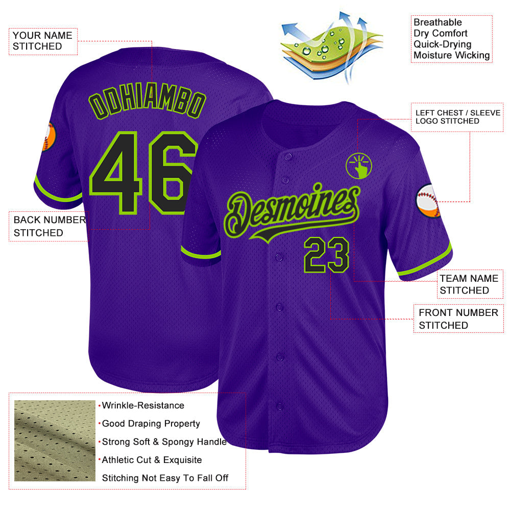 Custom Purple Black-Neon Green Mesh Authentic Throwback Baseball Jersey - Sky-Custom
