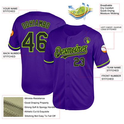 Custom Purple Black-Neon Green Mesh Authentic Throwback Baseball Jersey - Sky-Custom