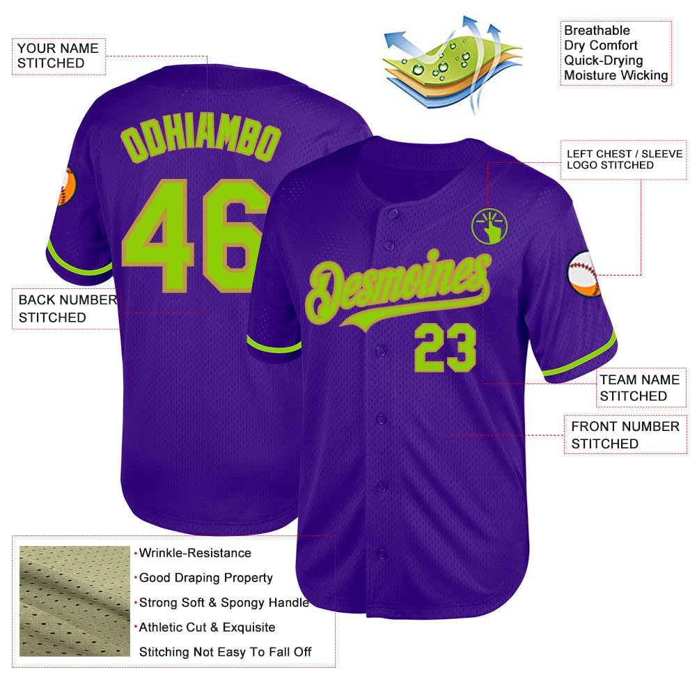 Custom Purple Neon Green-Old Gold Mesh Authentic Throwback Baseball Jersey - Sky-Custom
