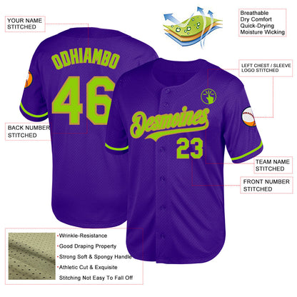 Custom Purple Neon Green-Old Gold Mesh Authentic Throwback Baseball Jersey - Sky-Custom