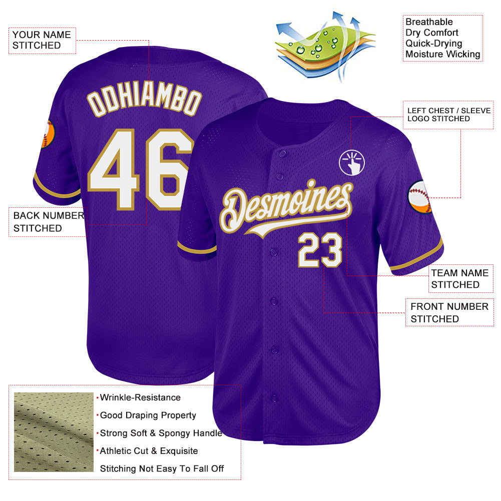 Custom Purple White-Old Gold Mesh Authentic Throwback Baseball Jersey - Sky-Custom