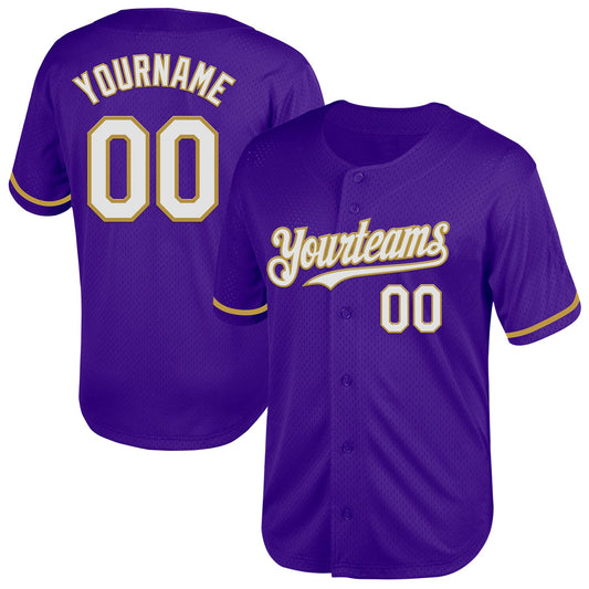 Custom Purple White-Old Gold Mesh Authentic Throwback Baseball Jersey - Sky-Custom