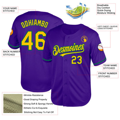 Custom Purple Yellow-Kelly Green Mesh Authentic Throwback Baseball Jersey - Sky-Custom