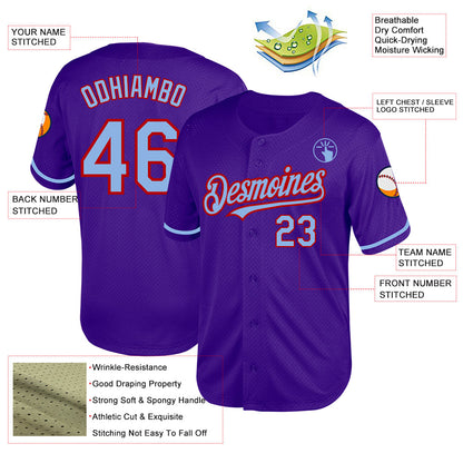 Custom Purple Light Blue-Red Mesh Authentic Throwback Baseball Jersey - Sky-Custom