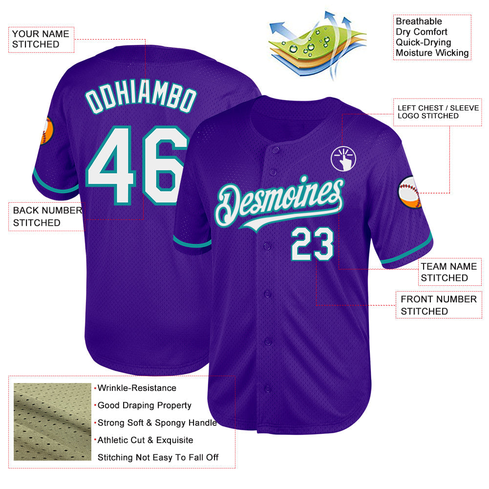 Custom Purple White-Teal Mesh Authentic Throwback Baseball Jersey - Sky-Custom