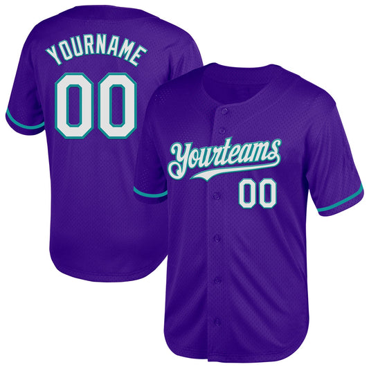 Custom Purple White-Teal Mesh Authentic Throwback Baseball Jersey - Sky-Custom