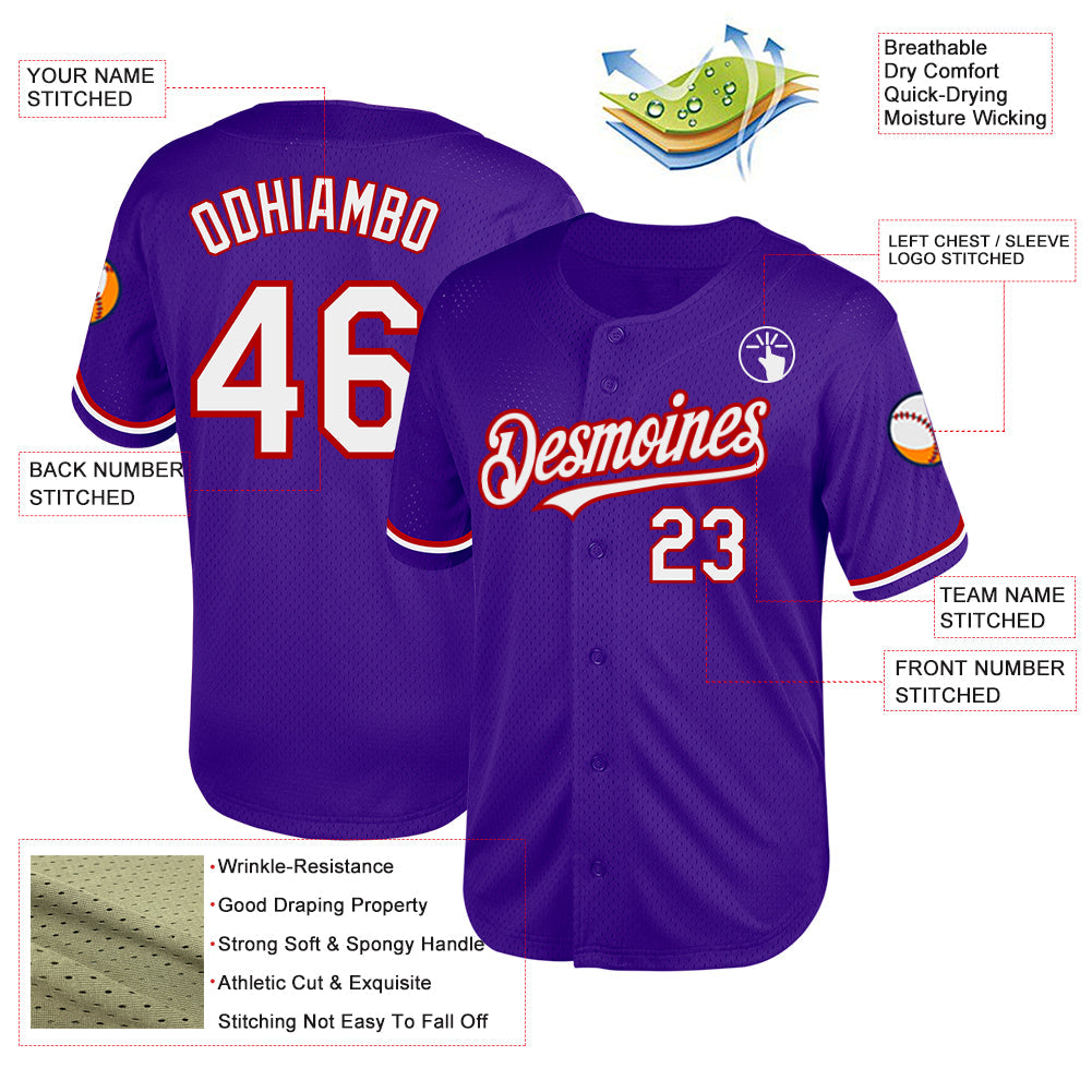 Custom Purple White-Red Mesh Authentic Throwback Baseball Jersey - Sky-Custom