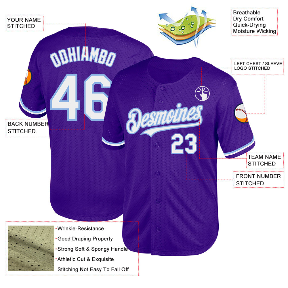 Custom Purple White-Light Blue Mesh Authentic Throwback Baseball Jersey - Sky-Custom
