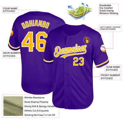Custom Purple Gold-White Mesh Authentic Throwback Baseball Jersey - Sky-Custom