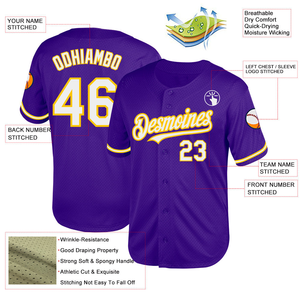 Custom Purple White-Yellow Mesh Authentic Throwback Baseball Jersey - Sky-Custom