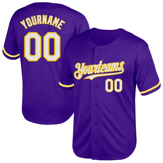 Custom Purple White-Yellow Mesh Authentic Throwback Baseball Jersey - Sky-Custom