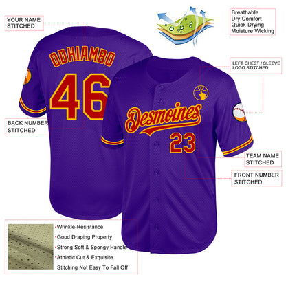 Custom Purple Red-Gold Mesh Authentic Throwback Baseball Jersey - Sky-Custom
