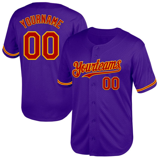 Custom Purple Red-Gold Mesh Authentic Throwback Baseball Jersey - Sky-Custom
