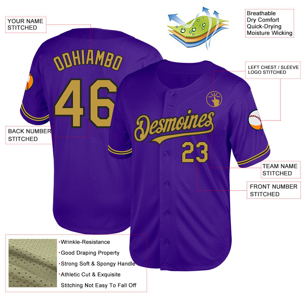 Custom Purple Old Gold-Black Mesh Authentic Throwback Baseball Jersey - Sky-Custom