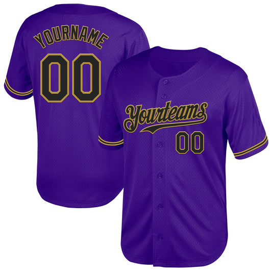 Custom Purple Black-Old Gold Mesh Authentic Throwback Baseball Jersey - Sky-Custom