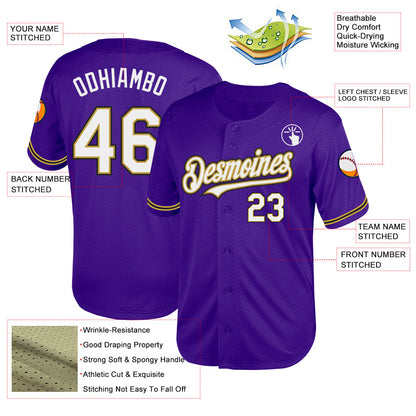 Custom Purple Old Gold-Black Mesh Authentic Throwback Baseball Jersey - Sky-Custom
