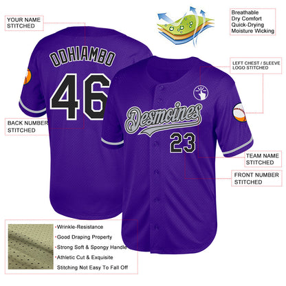 Custom Purple Black-Gray Mesh Authentic Throwback Baseball Jersey - Sky-Custom