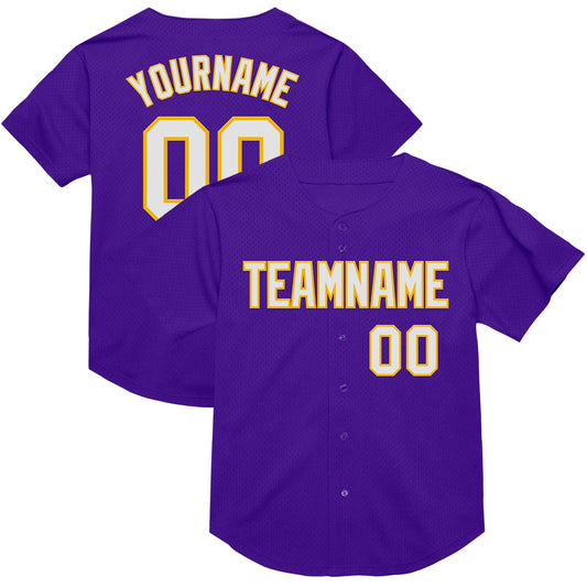 Custom Purple White-Gold Mesh Authentic Throwback Baseball Jersey - Sky-Custom