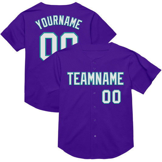 Custom Purple White-Teal Mesh Authentic Throwback Baseball Jersey - Sky-Custom