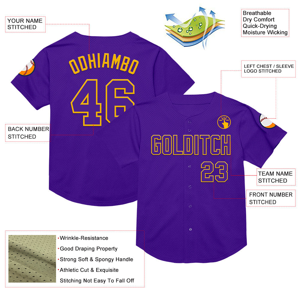 Custom Purple Gold Mesh Authentic Throwback Baseball Jersey - Sky-Custom