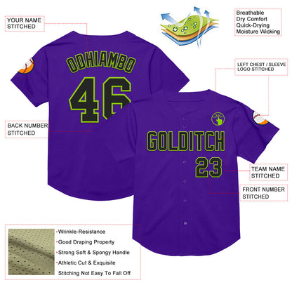 Custom Purple Black-Neon Green Mesh Authentic Throwback Baseball Jersey - Sky-Custom