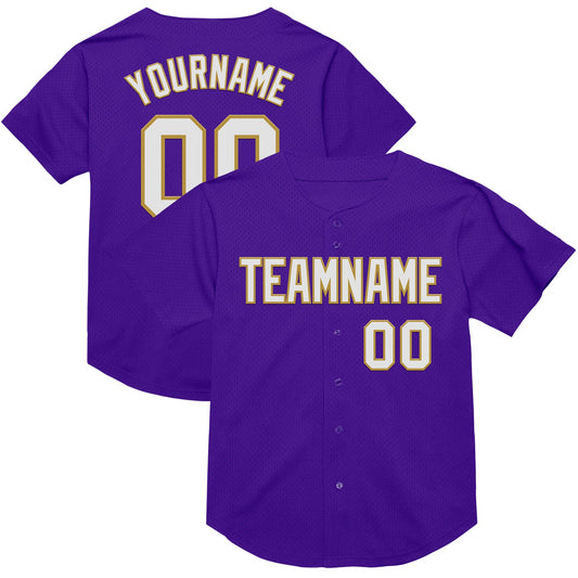 Custom Purple White-Old Gold Mesh Authentic Throwback Baseball Jersey - Sky-Custom