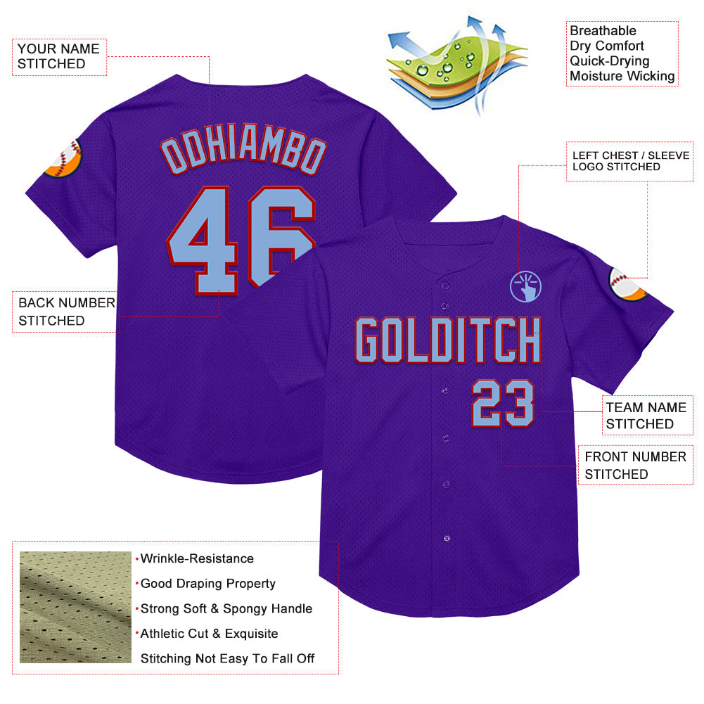 Custom Purple Light Blue-Red Mesh Authentic Throwback Baseball Jersey - Sky-Custom
