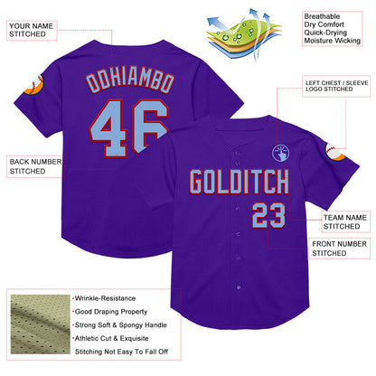 Custom Purple Light Blue-Red Mesh Authentic Throwback Baseball Jersey - Sky-Custom