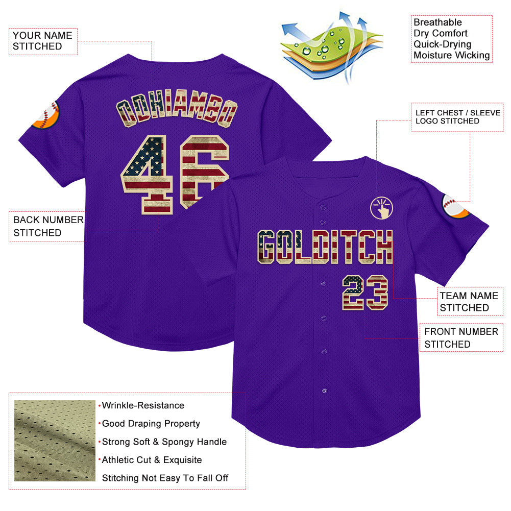 Custom Purple Vintage USA Flag-Cream Mesh Authentic Throwback Baseball Jersey - Sky-Custom