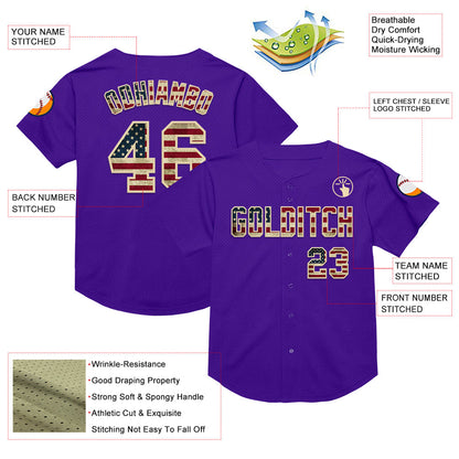 Custom Purple Vintage USA Flag-Cream Mesh Authentic Throwback Baseball Jersey - Sky-Custom