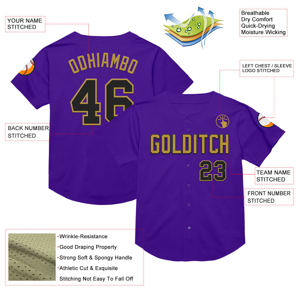 Custom Purple Black-Old Gold Mesh Authentic Throwback Baseball Jersey - Sky-Custom