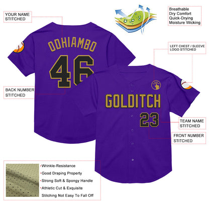 Custom Purple Black-Old Gold Mesh Authentic Throwback Baseball Jersey - Sky-Custom