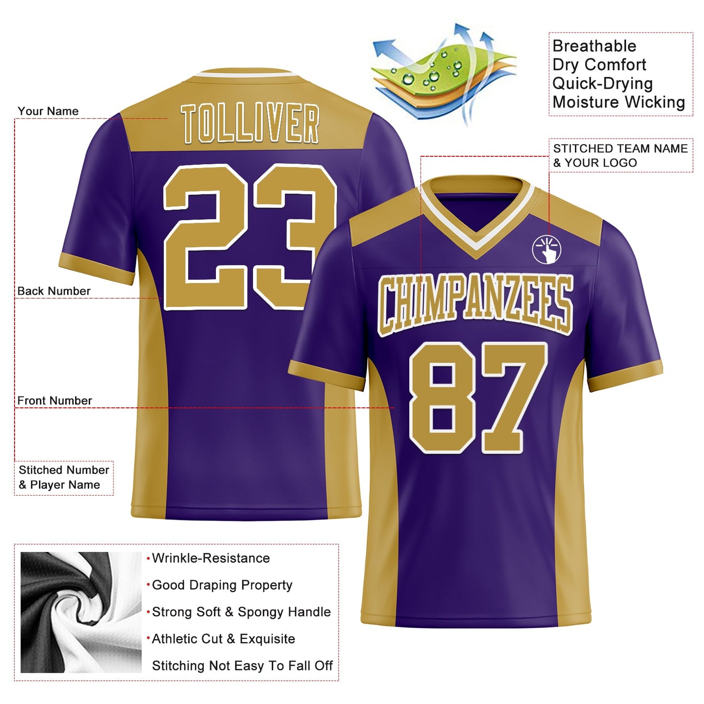 Custom Purple Old Gold-White Mesh Authentic Football Jersey - Sky-Custom