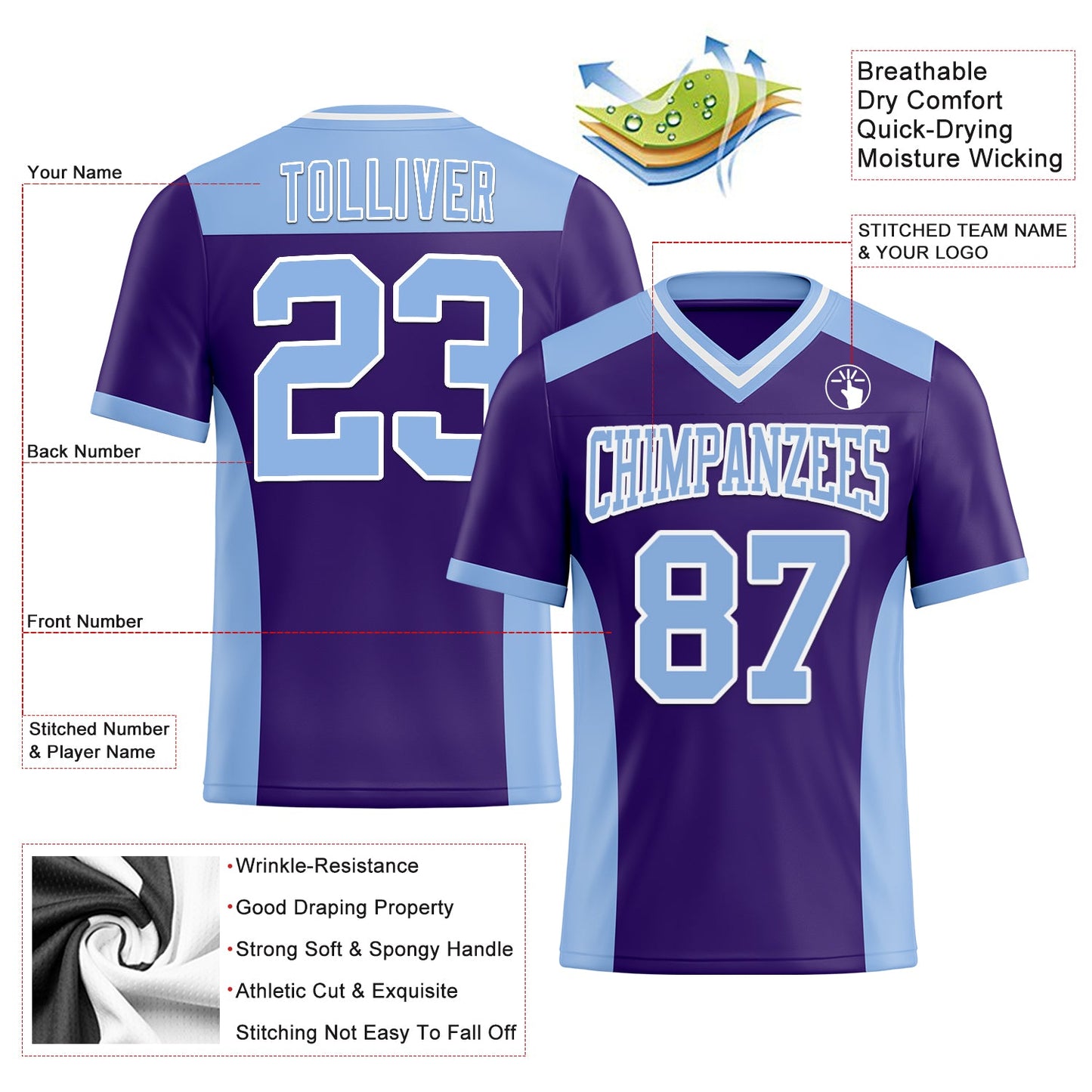 Custom Purple Light Blue-White Mesh Authentic Football Jersey - Sky-Custom