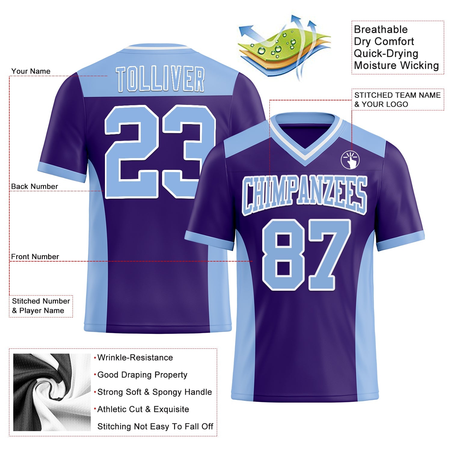 Custom Purple Light Blue-White Mesh Authentic Football Jersey - Sky-Custom