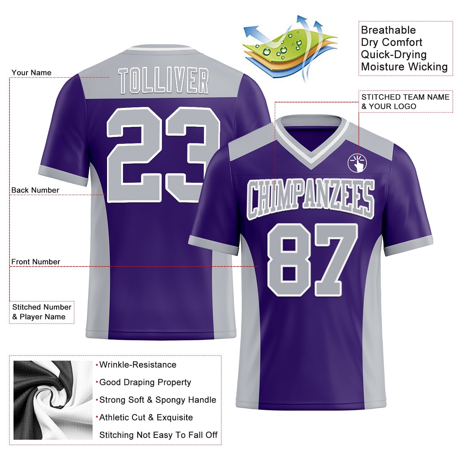Custom Purple Gray-White Mesh Authentic Football Jersey - Sky-Custom