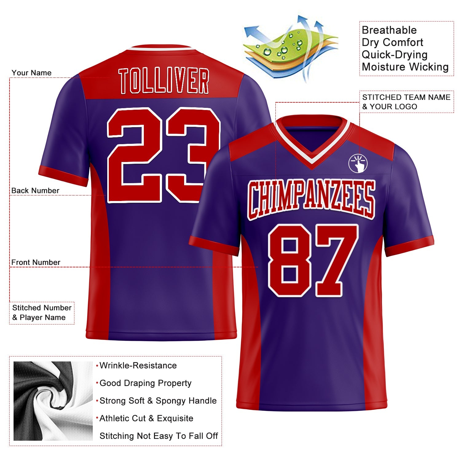 Custom Purple Red-White Mesh Authentic Football Jersey - Sky-Custom