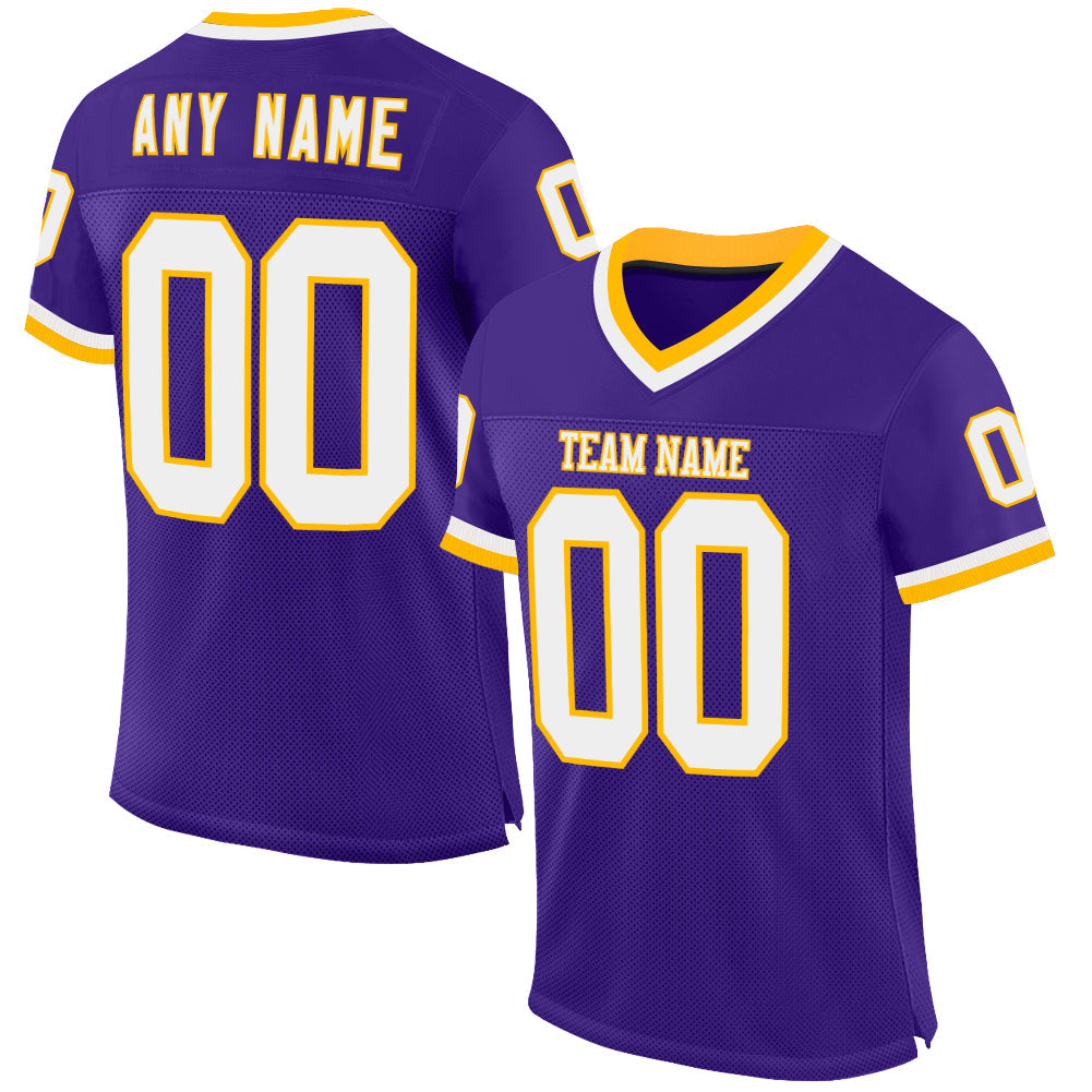 Custom Purple White-Gold Mesh Authentic Throwback Football Jersey - Sky-Custom