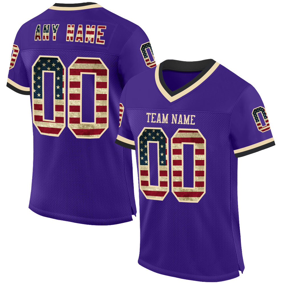Custom Purple Vintage USA Flag Cream-Black Mesh Authentic Throwback Football Jersey - Sky-Custom